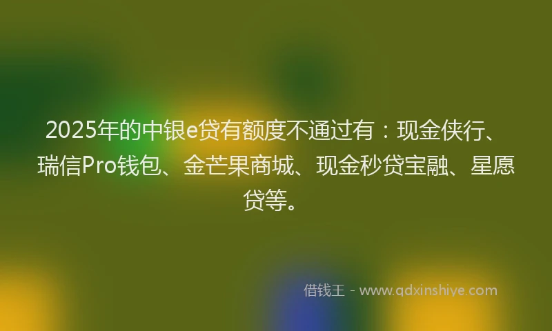 2025年的中银e贷有额度不通过有:现金侠行、瑞信Pro钱包、金芒果商城、现金秒贷宝融、星愿贷等。