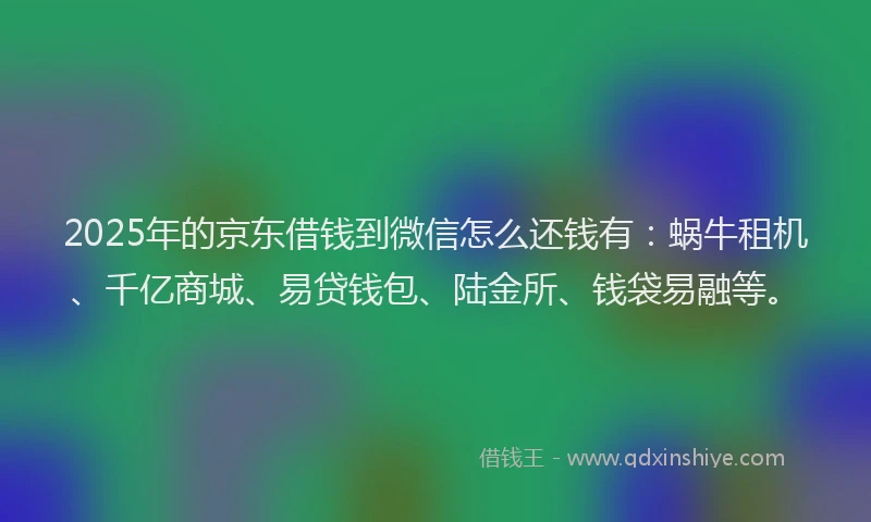 2025年的京东借钱到微信怎么还钱有：蜗牛租机、千亿商城、易贷钱包、陆金所、钱袋易融等。