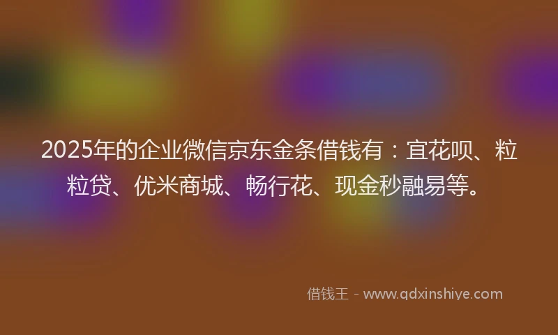 2025年的企业微信京东金条借钱有：宜花呗、粒粒贷、优米商城、畅行花、现金秒融易等。