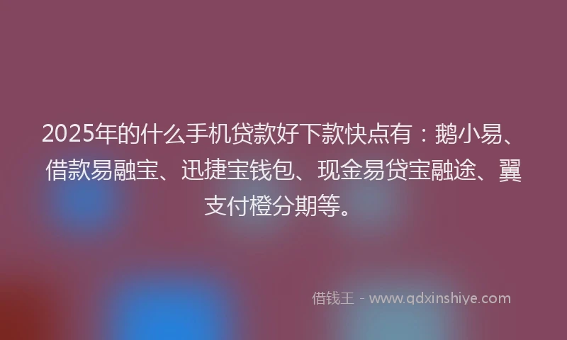 2025年的什么手机贷款好下款快点有：鹅小易、借款易融宝、迅捷宝钱包、现金易贷宝融途、翼支付橙分期等。