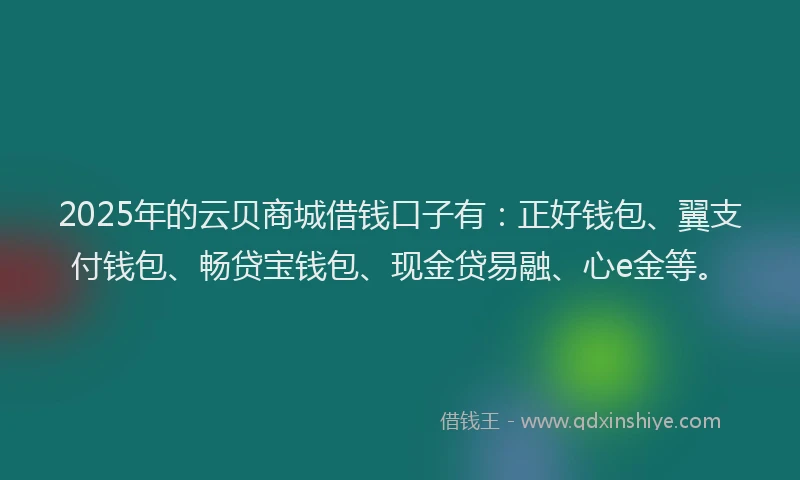 2025年的云贝商城借钱口子有:正好钱包、翼支付钱包、畅贷宝钱包、现金贷易融、心e金等。