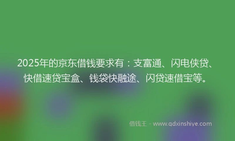 2025年的京东借钱要求有：支富通、闪电侠贷、快借速贷宝盒、钱袋快融途、闪贷速借宝等。