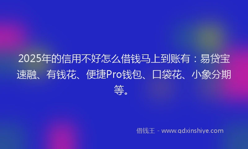 2025年的信用不好怎么借钱马上到账有：易贷宝速融、有钱花、便捷Pro钱包、口袋花、小象分期等。