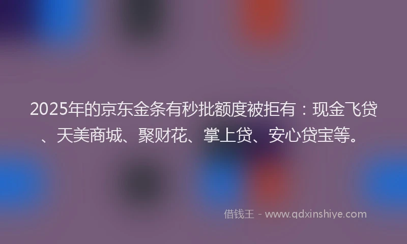 2025年的京东金条有秒批额度被拒有：现金飞贷、天美商城、聚财花、掌上贷、安心贷宝等。