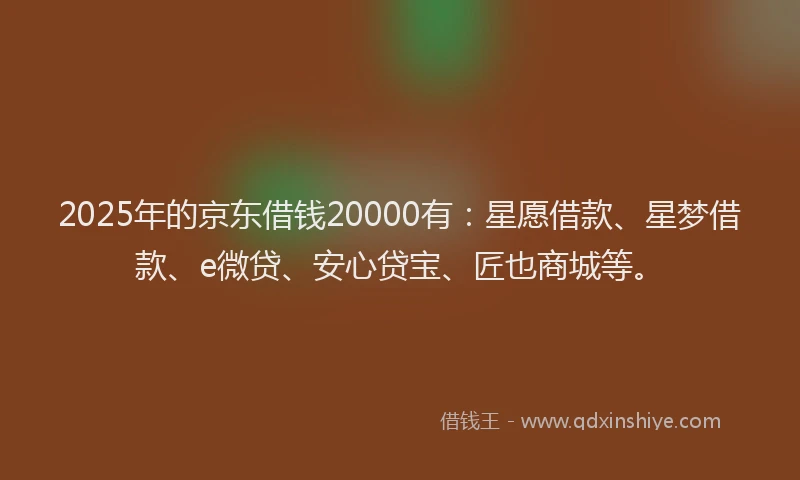 2025年的京东借钱20000有：星愿借款、星梦借款、e微贷、安心贷宝、匠也商城等。