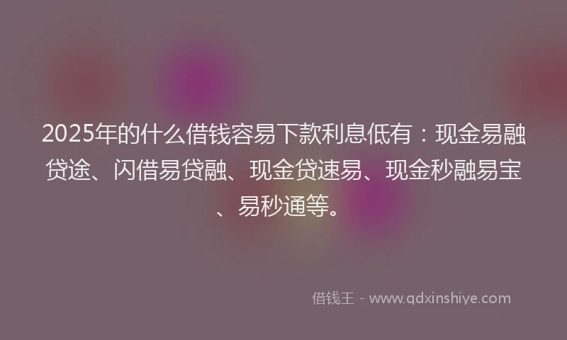 2025年的什么借钱容易下款利息低有：现金易融贷途、闪借易贷融、现金贷速易、现金秒融易宝、易秒通等。