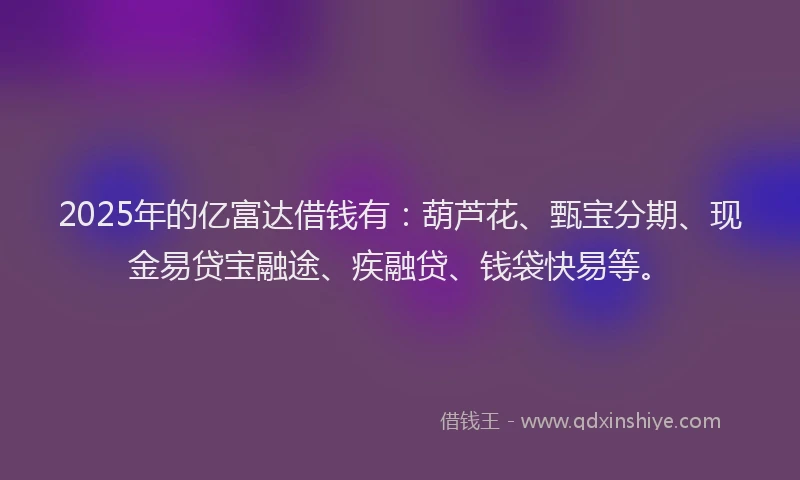2025年的亿富达借钱有：葫芦花、甄宝分期、现金易贷宝融途、疾融贷、钱袋快易等。