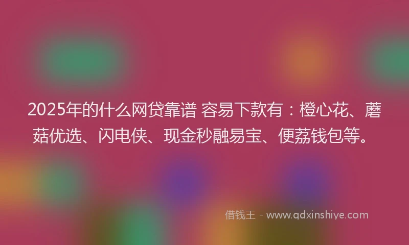 2025年的什么网贷靠谱 容易下款有：橙心花、蘑菇优选、闪电侠、现金秒融易宝、便荔钱包等。
