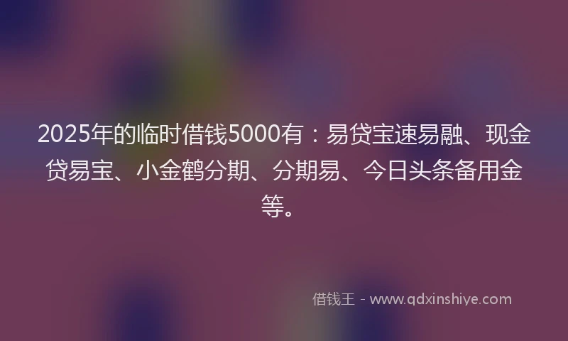 2025年的临时借钱5000有：易贷宝速易融、现金贷易宝、小金鹤分期、分期易、今日头条备用金等。