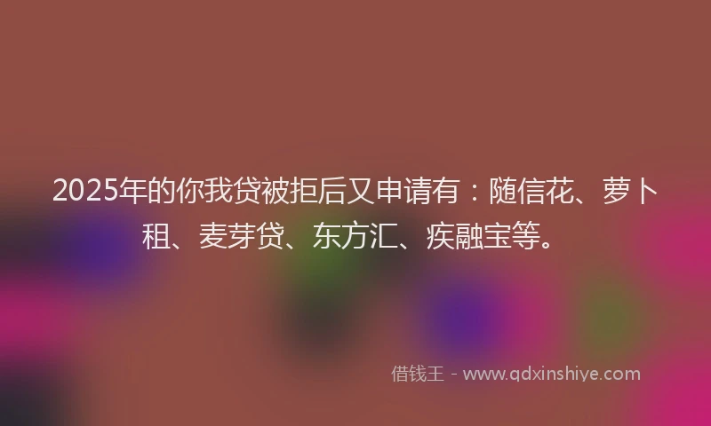2025年的你我贷被拒后又申请有：随信花、萝卜租、麦芽贷、东方汇、疾融宝等。