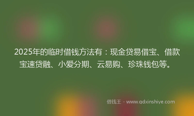2025年的临时借钱方法有：现金贷易借宝、借款宝速贷融、小爱分期、云易购、珍珠钱包等。