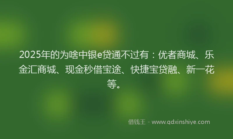 2025年的为啥中银e贷通不过有：优者商城、乐金汇商城、现金秒借宝途、快捷宝贷融、新一花等。