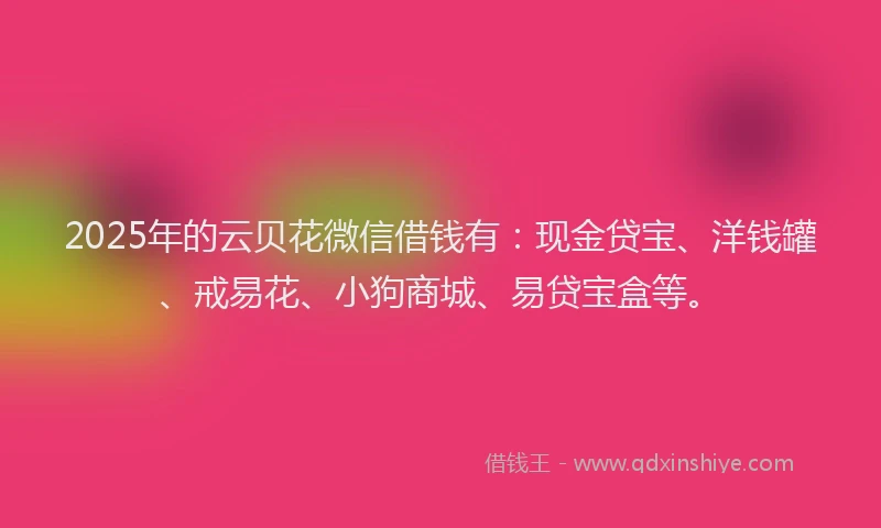 2025年的云贝花微信借钱有：现金贷宝、洋钱罐、戒易花、小狗商城、易贷宝盒等。