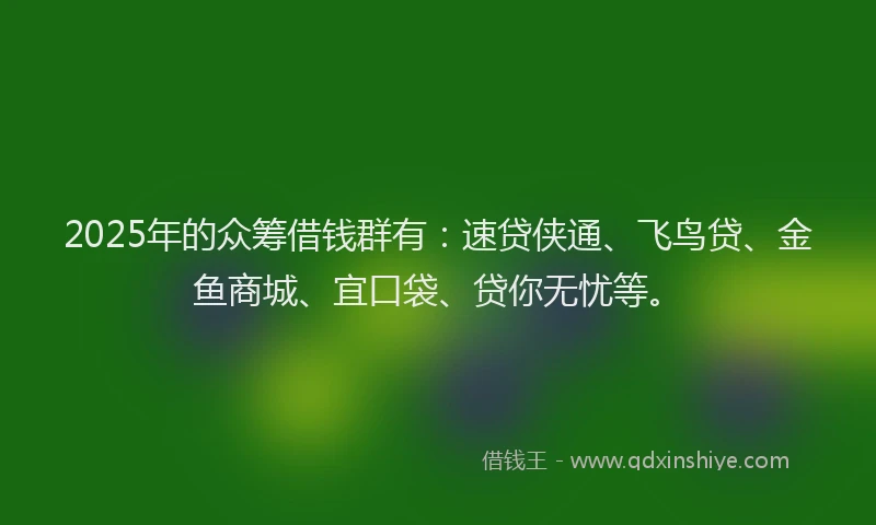 2025年的众筹借钱群有：速贷侠通、飞鸟贷、金鱼商城、宜口袋、贷你无忧等。