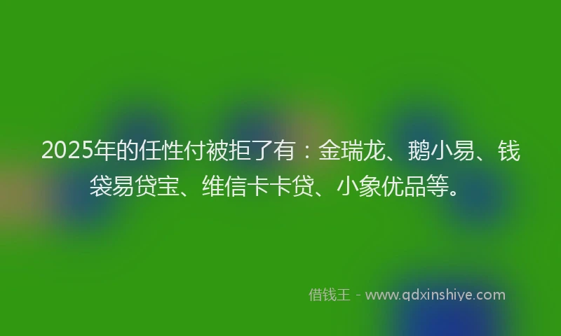 2025年的任性付被拒了有：金瑞龙、鹅小易、钱袋易贷宝、维信卡卡贷、小象优品等。
