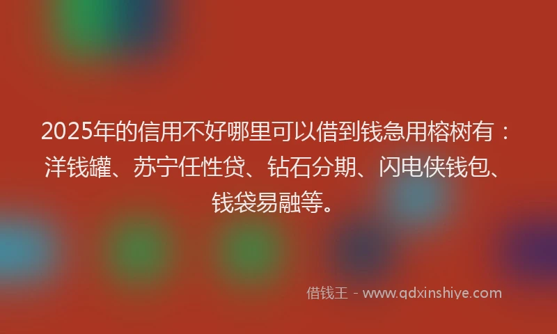 2025年的信用不好哪里可以借到钱急用榕树有：洋钱罐、苏宁任性贷、钻石分期、闪电侠钱包、钱袋易融等。