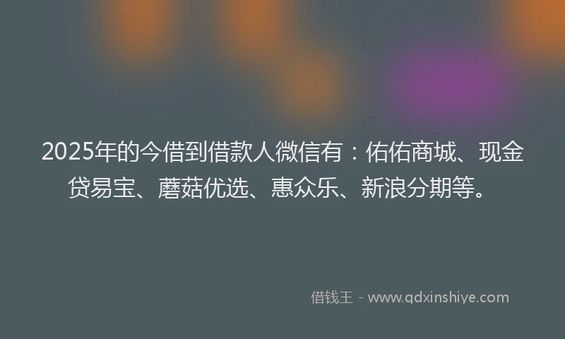 2025年的今借到借款人微信有：佑佑商城、现金贷易宝、蘑菇优选、惠众乐、新浪分期等。