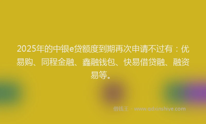 2025年的中银e贷额度到期再次申请不过有：优易购、同程金融、鑫融钱包、快易借贷融、融资易等。