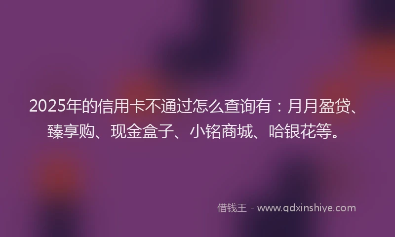 2025年的信用卡不通过怎么查询有：月月盈贷、臻享购、现金盒子、小铭商城、哈银花等。