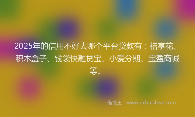 2025年的信用不好去哪个平台贷款有：桔享花、积木盒子、钱袋快融贷宝、小爱分期、宝盈商城等。