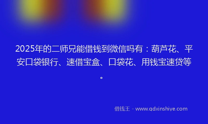 2025年的二师兄能借钱到微信吗有：葫芦花、平安口袋银行、速借宝盒、口袋花、用钱宝速贷等。