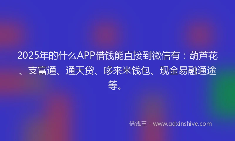 2025年的什么APP借钱能直接到微信有：葫芦花、支富通、通天贷、哆来米钱包、现金易融通途等。