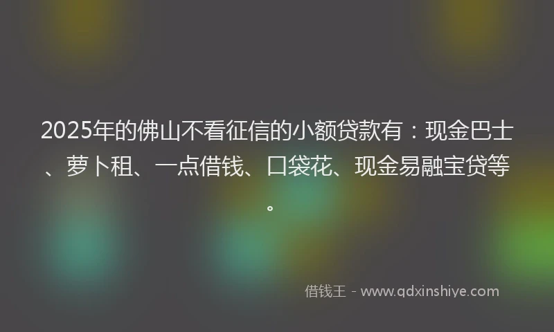2025年的佛山不看征信的小额贷款有：现金巴士、萝卜租、一点借钱、口袋花、现金易融宝贷等。