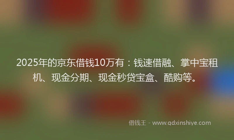 2025年的京东借钱10万有：钱速借融、掌中宝租机、现金分期、现金秒贷宝盒、酷购等。