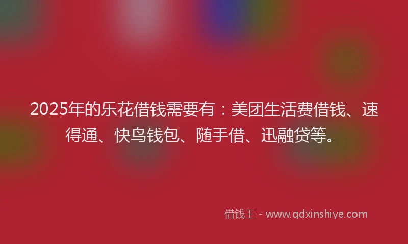 2025年的乐花借钱需要有：美团生活费借钱、速得通、快鸟钱包、随手借、迅融贷等。