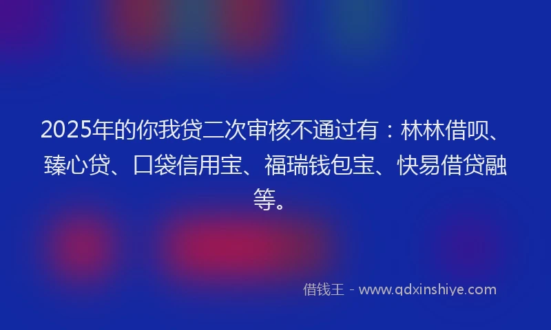 2025年的你我贷二次审核不通过有：林林借呗、臻心贷、口袋信用宝、福瑞钱包宝、快易借贷融等。