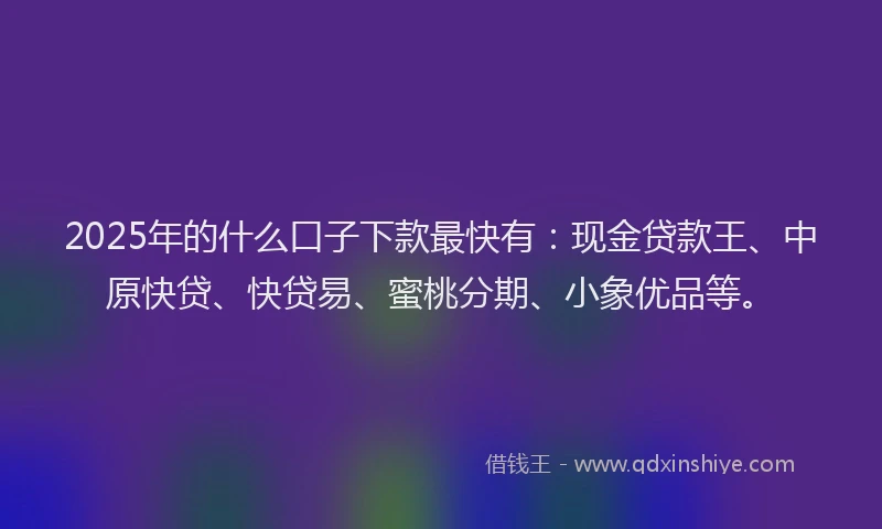 2025年的什么口子下款最快有:现金贷款王、中原快贷、快贷易、蜜桃分期、小象优品等。