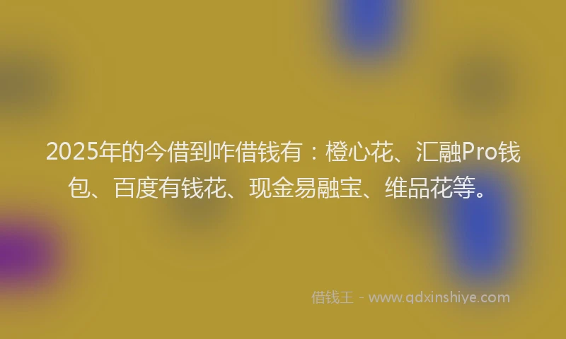 2025年的今借到咋借钱有:橙心花、汇融Pro钱包、百度有钱花、现金易融宝、维品花等。