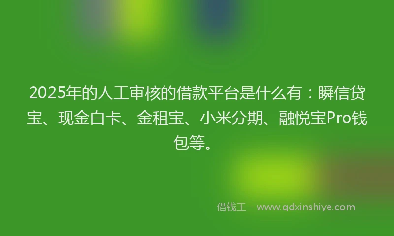 2025年的人工审核的借款平台是什么有：瞬信贷宝、现金白卡、金租宝、小米分期、融悦宝Pro钱包等。