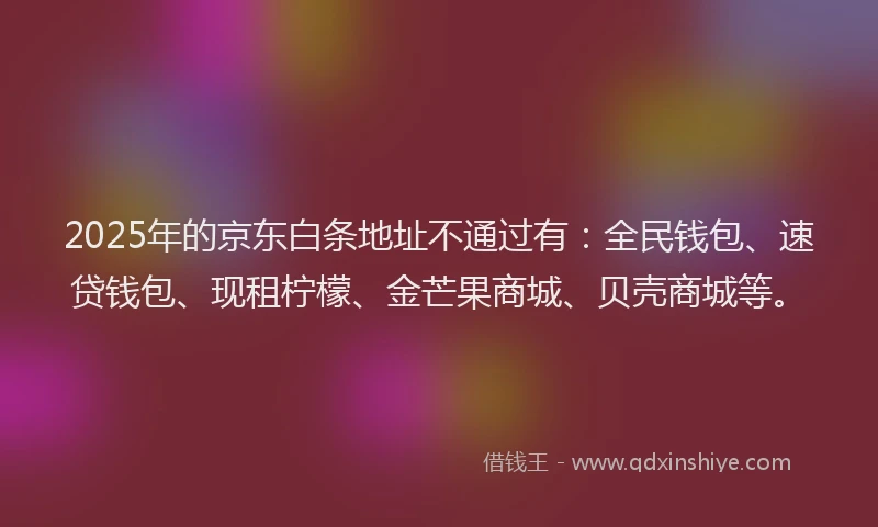 2025年的京东白条地址不通过有：全民钱包、速贷钱包、现租柠檬、金芒果商城、贝壳商城等。