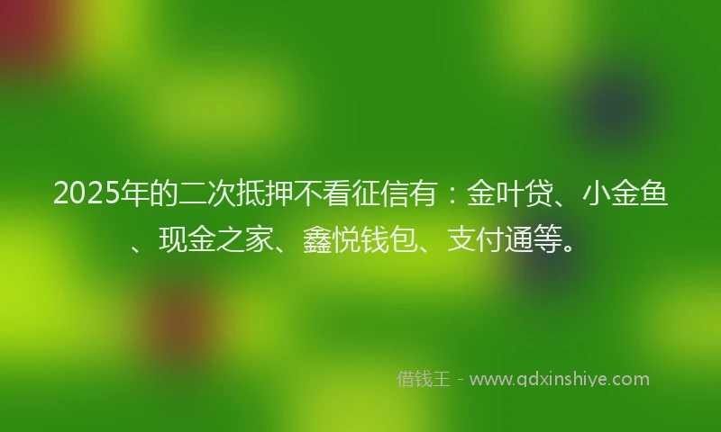 2025年的二次抵押不看征信有：金叶贷、小金鱼、现金之家、鑫悦钱包、支付通等。