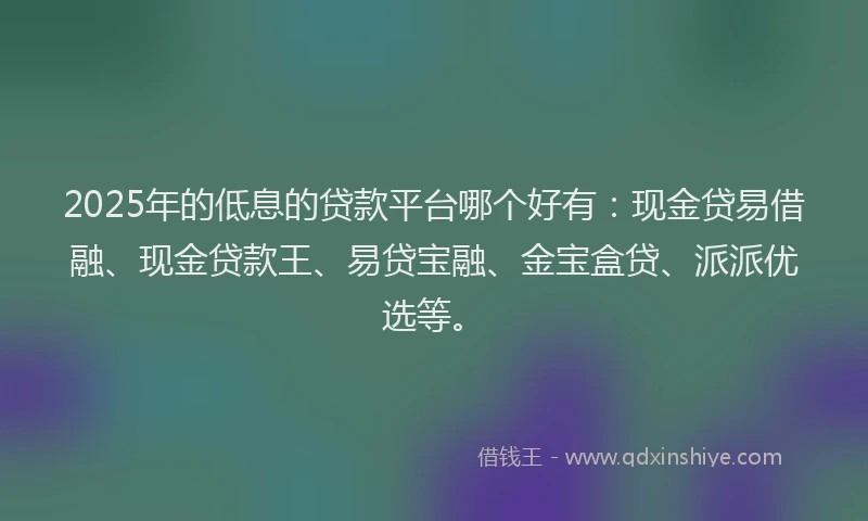 2025年的低息的贷款平台哪个好有：现金贷易借融、现金贷款王、易贷宝融、金宝盒贷、派派优选等。