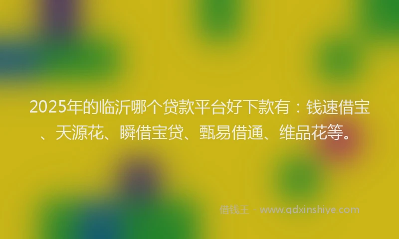2025年的临沂哪个贷款平台好下款有:钱速借宝、天源花、瞬借宝贷、甄易借通、维品花等。
