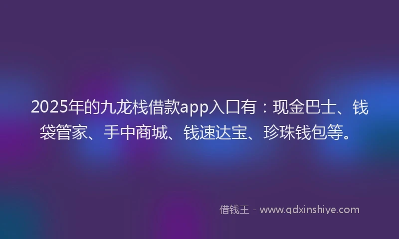 2025年的九龙栈借款app入口有：现金巴士、钱袋管家、手中商城、钱速达宝、珍珠钱包等。
