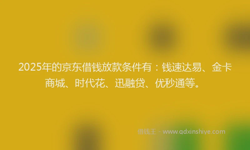 2025年的京东借钱放款条件有:钱速达易、金卡商城、时代花、迅融贷、优秒通等。