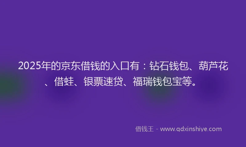 2025年的京东借钱的入口有：钻石钱包、葫芦花、借蛙、银票速贷、福瑞钱包宝等。