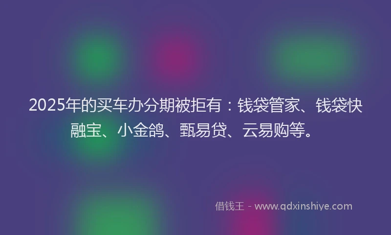 2025年的买车办分期被拒有：钱袋管家、钱袋快融宝、小金鸽、甄易贷、云易购等。