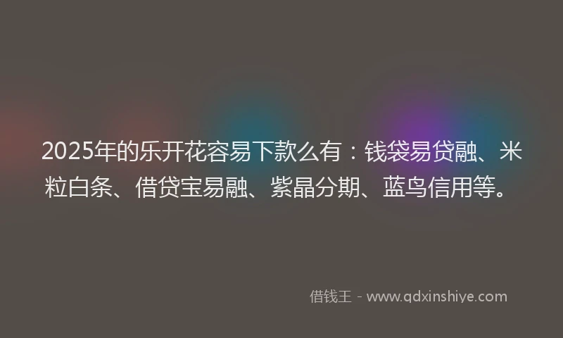 2025年的乐开花容易下款么有：钱袋易贷融、米粒白条、借贷宝易融、紫晶分期、蓝鸟信用等。