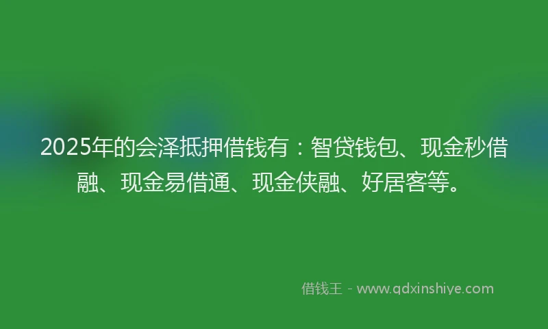 2025年的会泽抵押借钱有：智贷钱包、现金秒借融、现金易借通、现金侠融、好居客等。