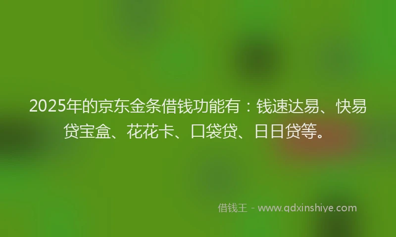 2025年的京东金条借钱功能有:钱速达易、快易贷宝盒、花花卡、口袋贷、日日贷等。