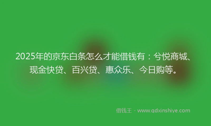 2025年的京东白条怎么才能借钱有：兮悦商城、现金快贷、百兴贷、惠众乐、今日购等。