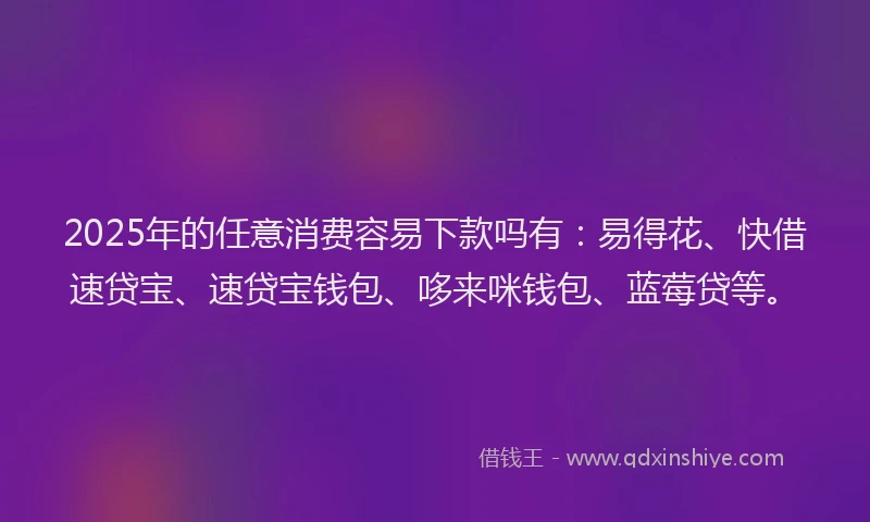 2025年的任意消费容易下款吗有：易得花、快借速贷宝、速贷宝钱包、哆来咪钱包、蓝莓贷等。