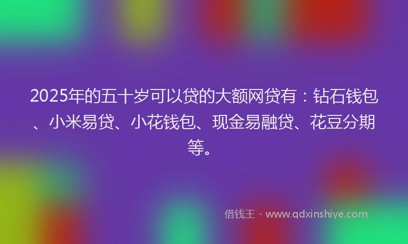 2025年的五十岁可以贷的大额网贷有：钻石钱包、小米易贷、小花钱包、现金易融贷、花豆分期等。