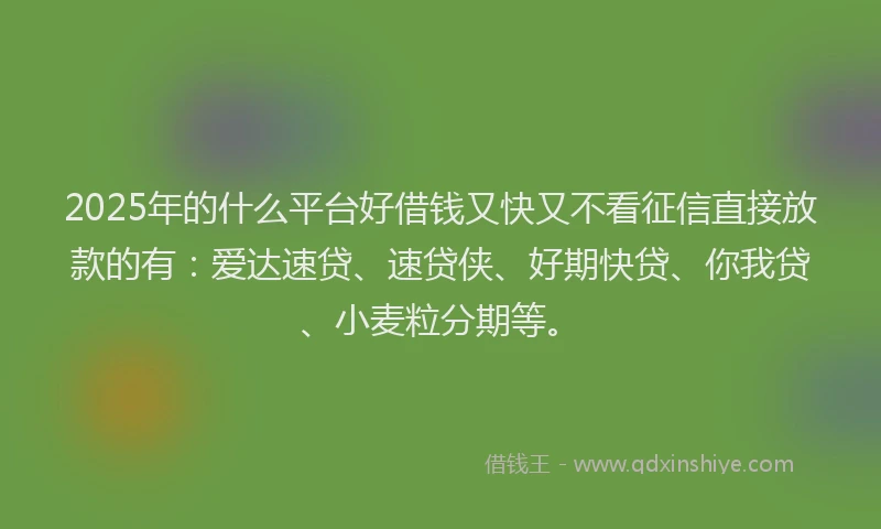 2025年的什么平台好借钱又快又不看征信直接放款的有：爱达速贷、速贷侠、好期快贷、你我贷、小麦粒分期等。