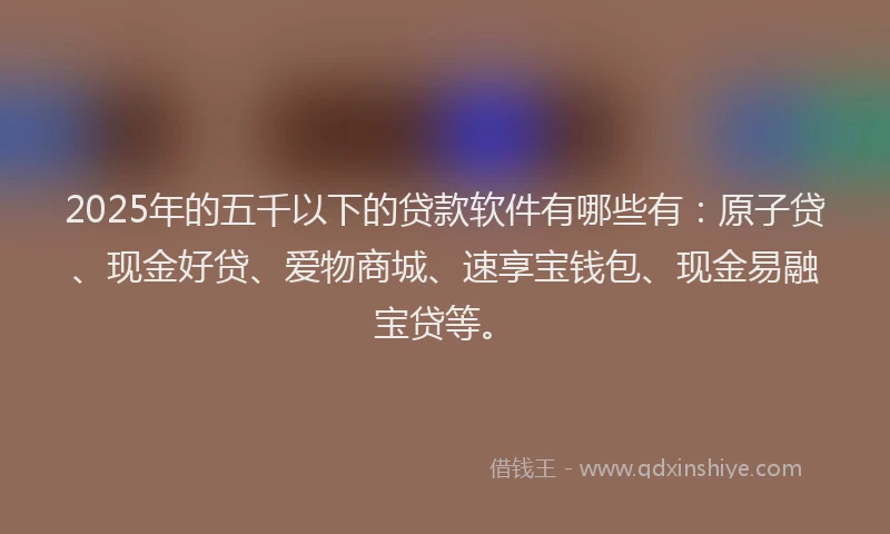 2025年的五千以下的贷款软件有哪些有：原子贷、现金好贷、爱物商城、速享宝钱包、现金易融宝贷等。