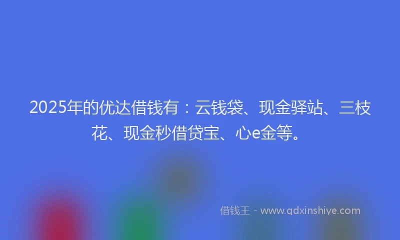 2025年的优达借钱有:云钱袋、现金驿站、三枝花、现金秒借贷宝、心e金等。